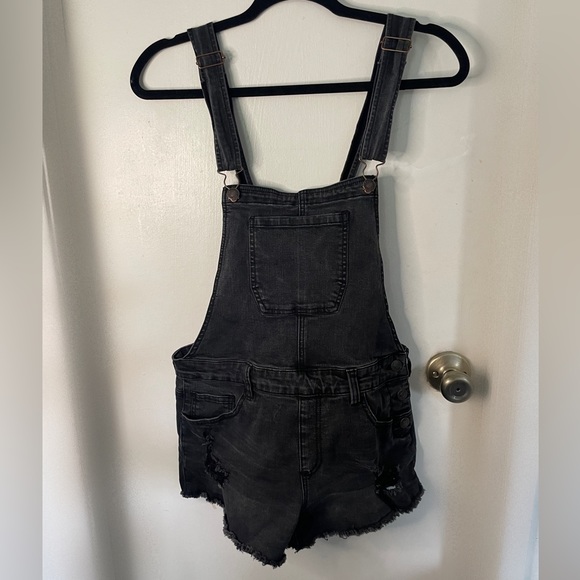Forever 21 Distressed Black Denim Short Overalls - Picture 1 of 5